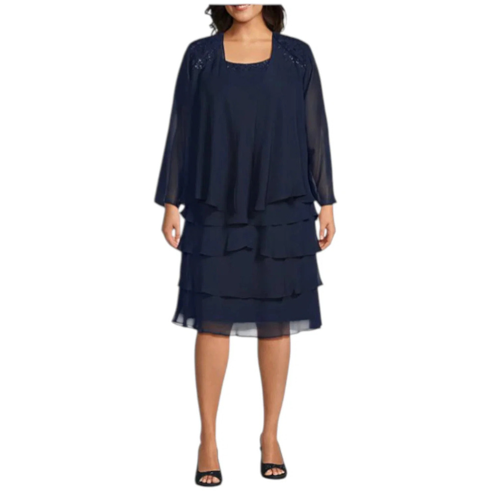 SL Fashions New York Women's Beaded Lace Chiffon 2-Piece Dress Navy - Regular